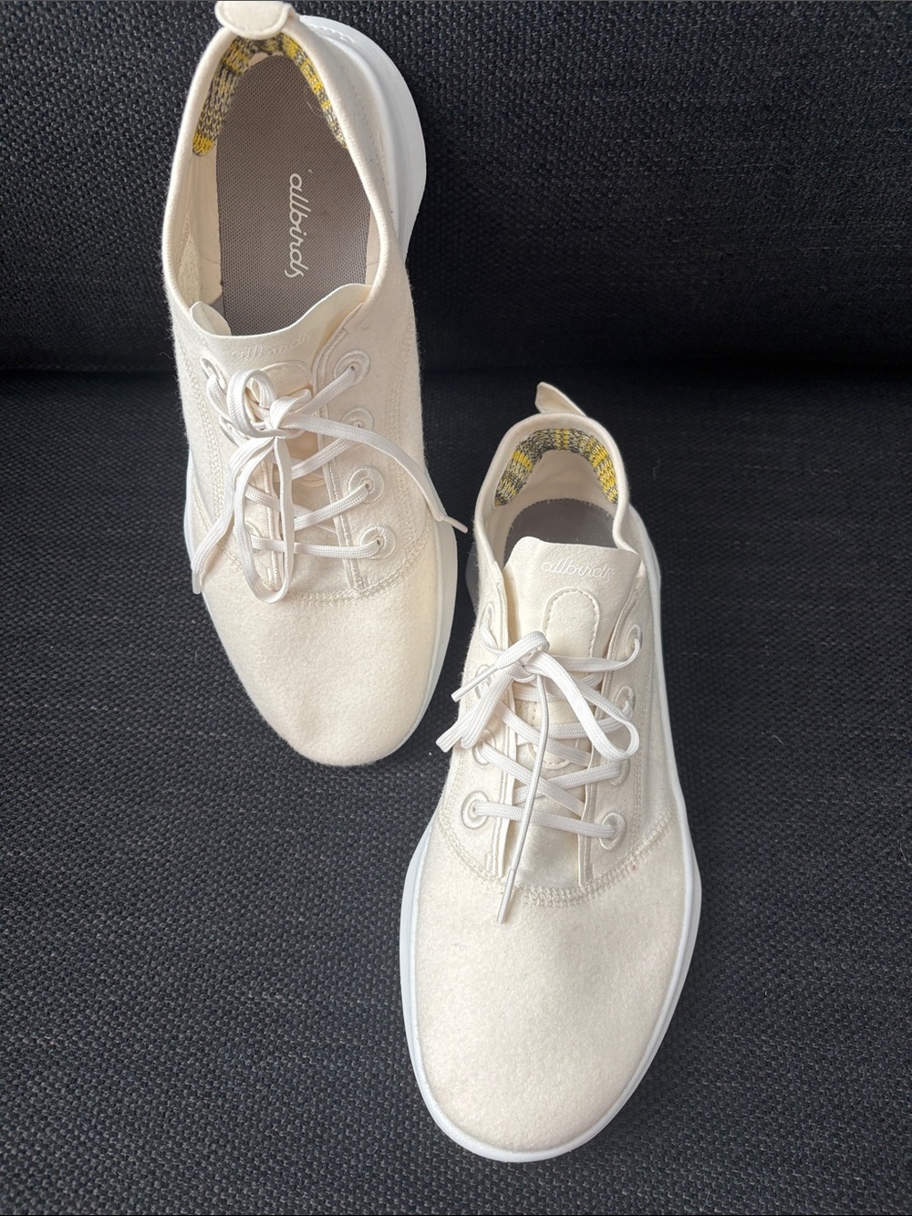 allbirds Cream Canvas Lace-Up Sneakers with Yellow Heel Accent